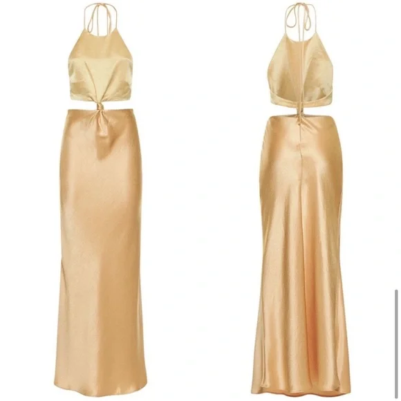 slim fit dress slacks Self-Portrait - Gold Metallic Tie Neck Maxi Dress